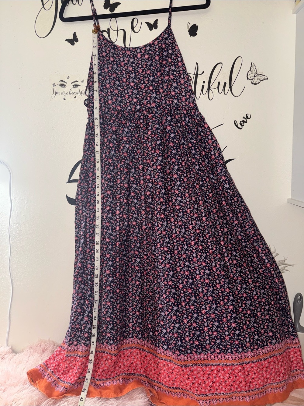 Pinky Black Floral Maxi dress with Pink-Orange Border. Size L - Picture 4 of 7